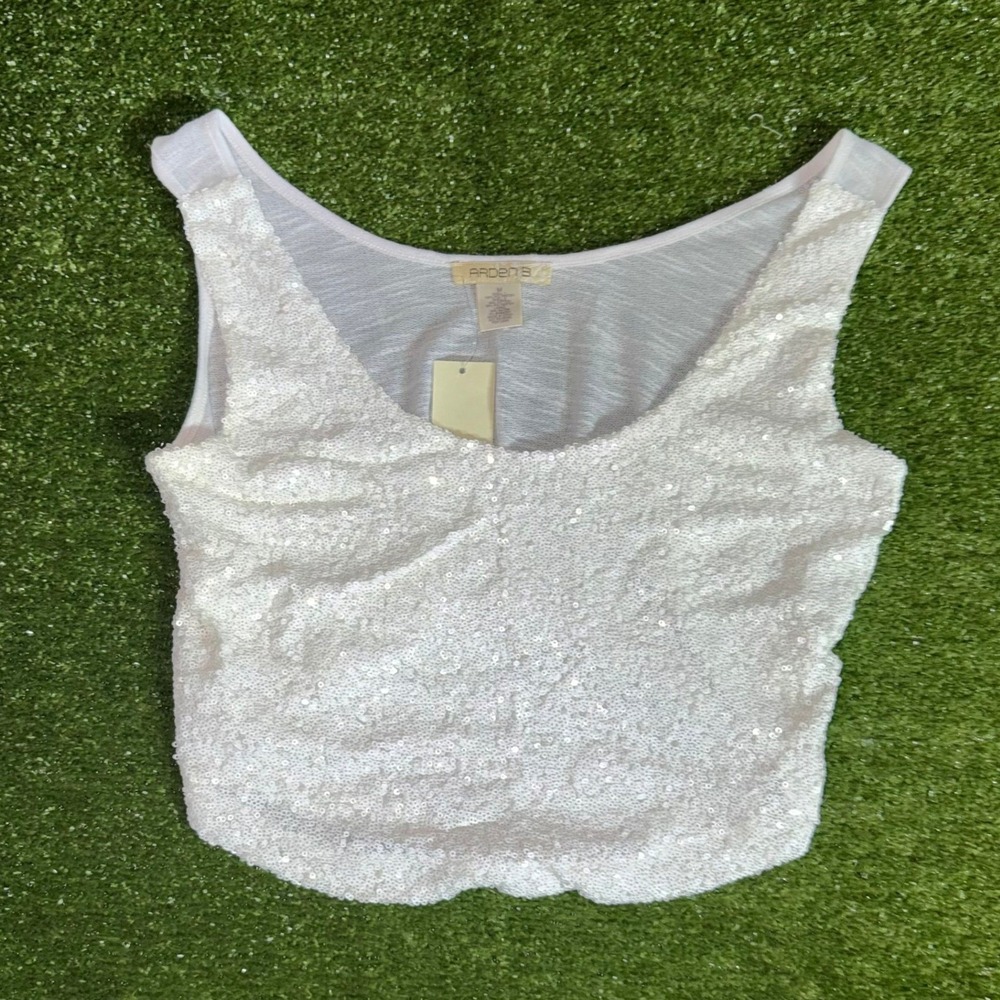 Arden B Womens White Sequin Crop Top Scoop Neck Sleeveless Party Tank Size M NWT